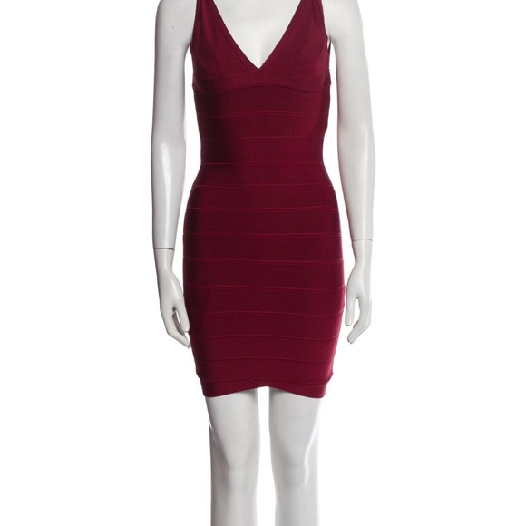 Herve Leger Replica Red Plunge Neck Bodycon Mini Dress - Picture 1 of 9